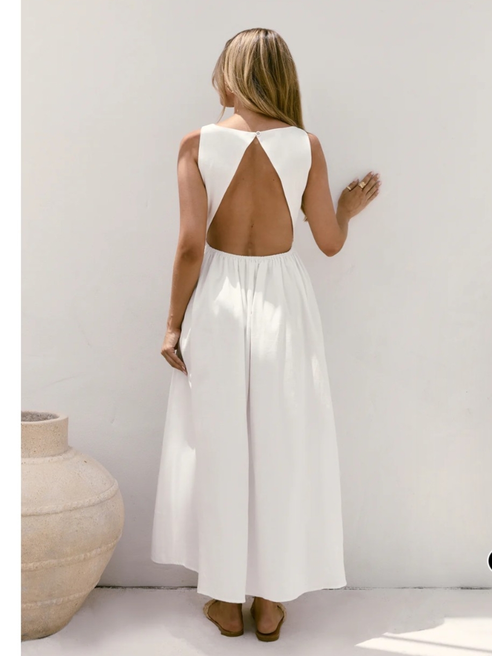 Fortunate One: Scallop V-Neck White Button-Front Maxi Dress - Picture 2 of 5